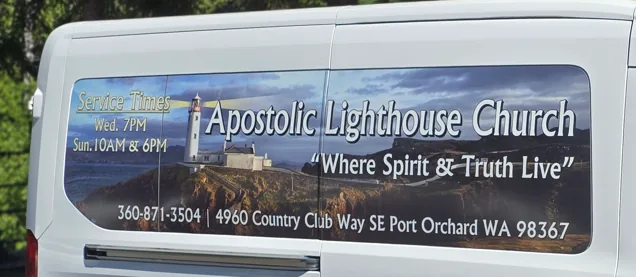First Apostolic Lighthouse Church van with service times and address
