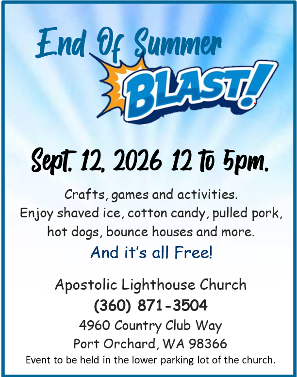 End of Summer Blast flyer with event date, activities, food, church address, and contact number